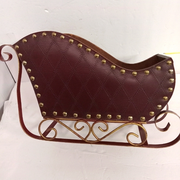 Santa Christmas Sleigh Wooden Metal & Burgundy Leather Large - Picture 1 of 9